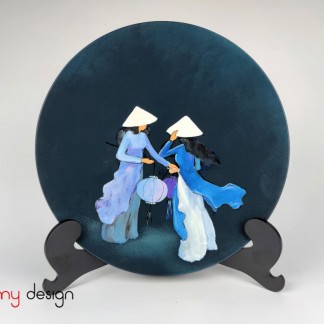 Blue round lacquer dish hand-painted with girl included with stand 30 cm